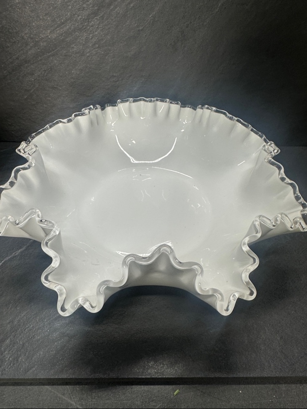 Vintage Fenton Silvercrest Ruffled Bowl Crimped Rim  White Milk Glass Candy Dish